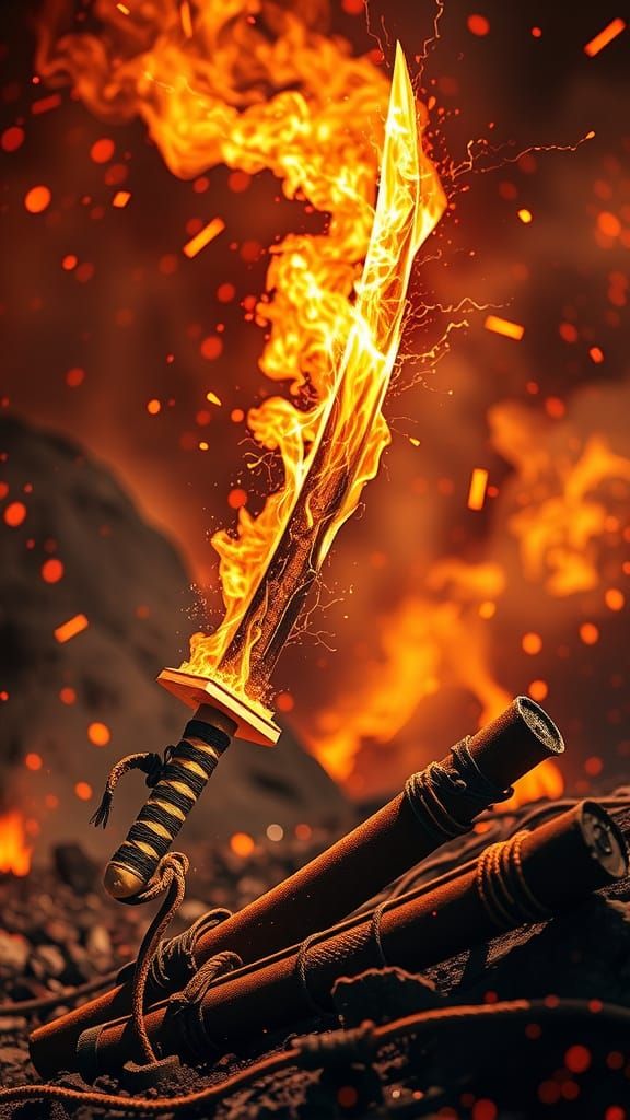 Ancient Japanese Odachi Sword in Fiery Aura