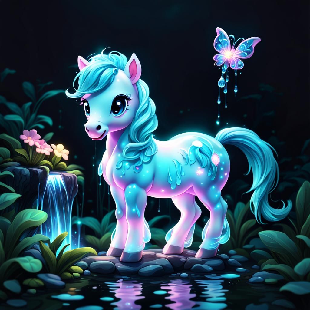 Bioluminescent Chibi Pony by Waterfall in Candy Art