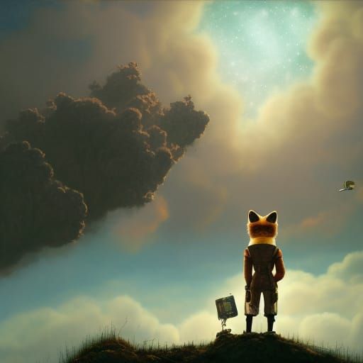 Fox Gazing at Starry Sky in Steampunk Style