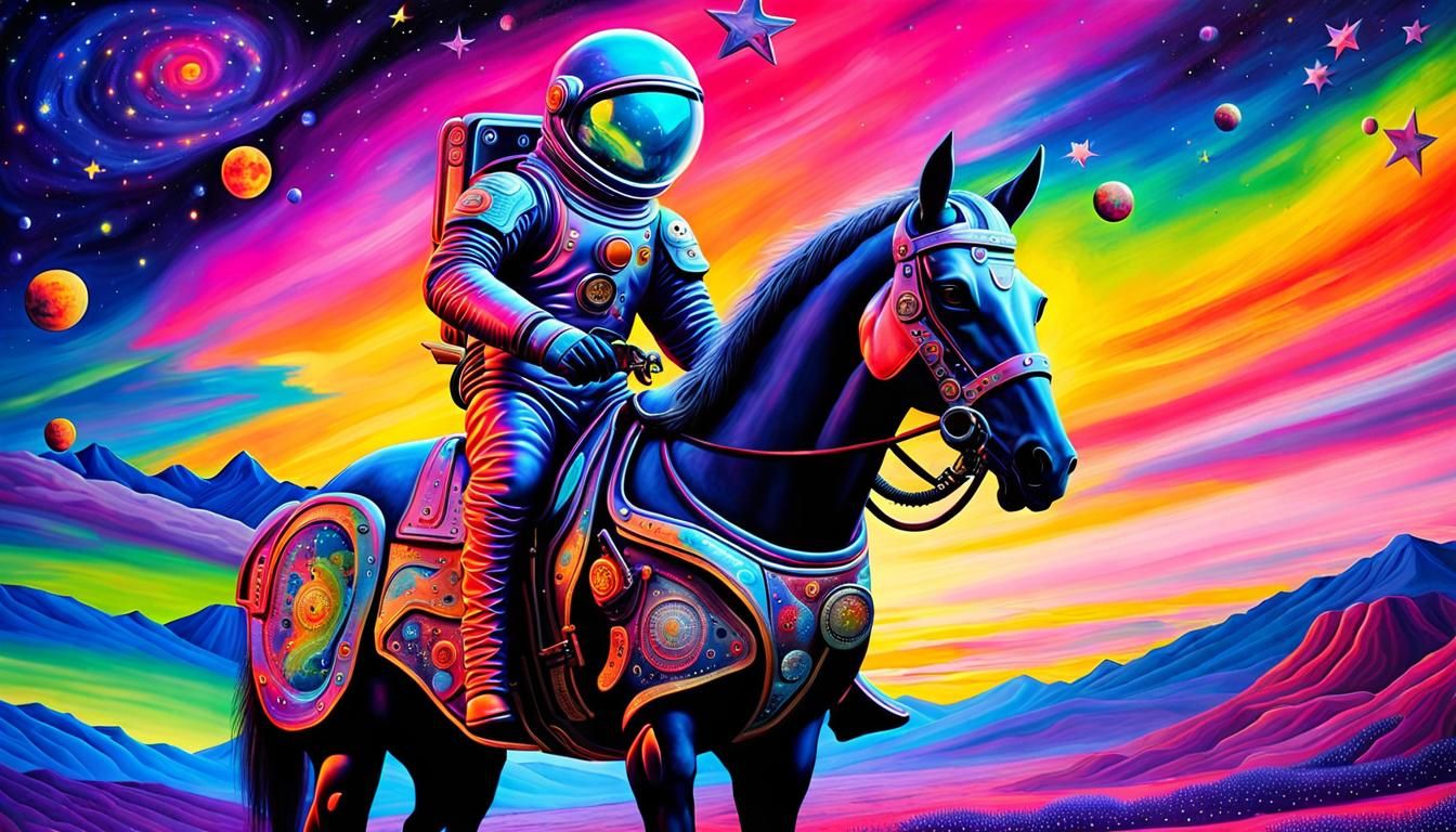 Astronaut Rides Alien Horse in Steampunk Style