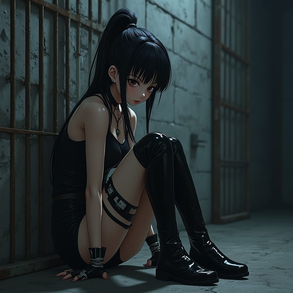 Anime-Style Prisoner Girl in Dark, Moody Prison Cell