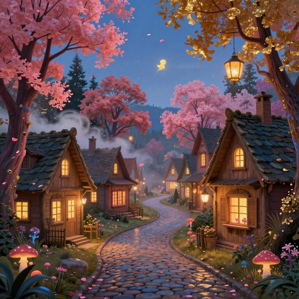 Magical Storybook Village at Twilight with Neon Glow