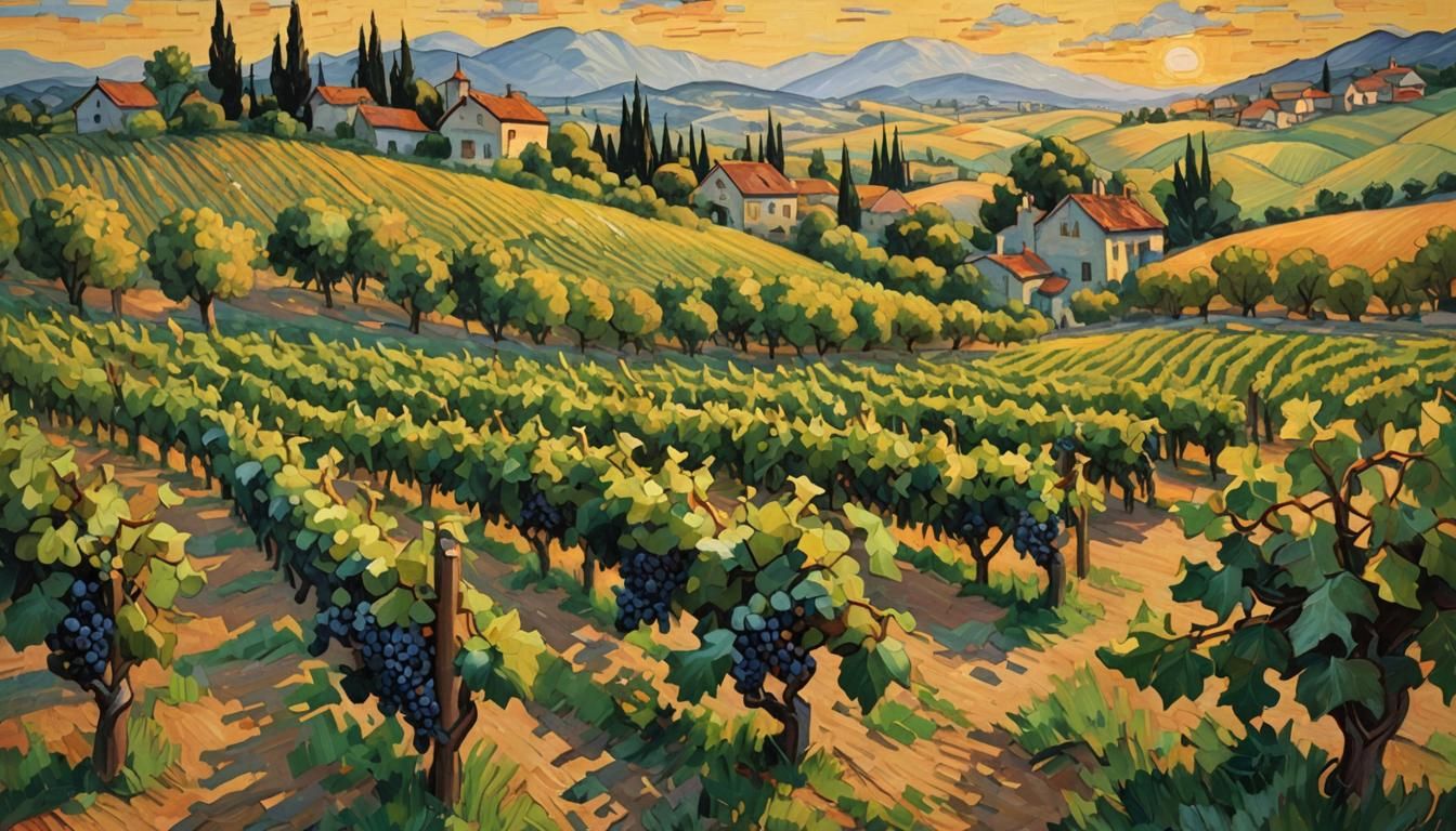 Vineyard Sunset: Impressionist Oil Painting