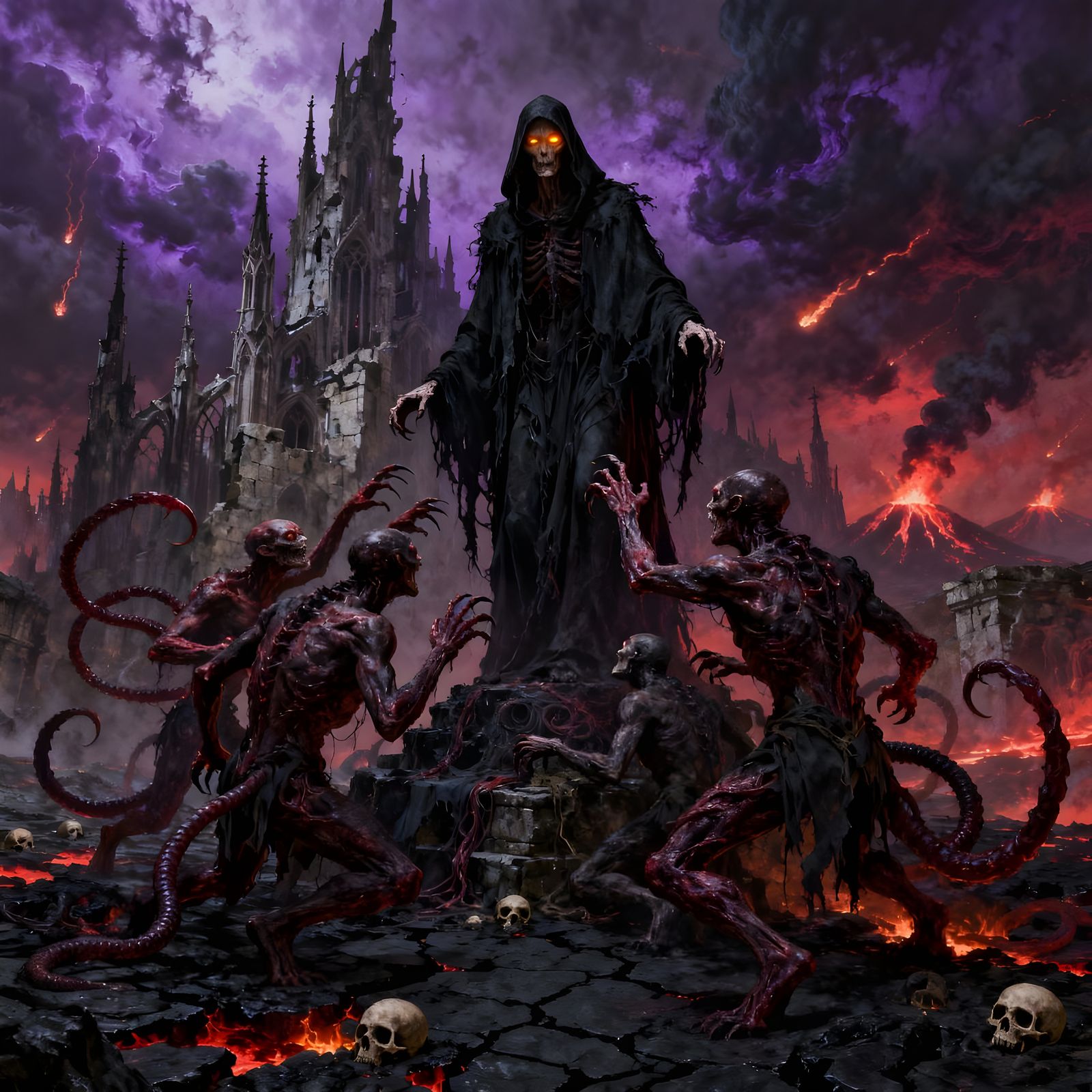 Hellish Landscape with Ominous Figure and Demons