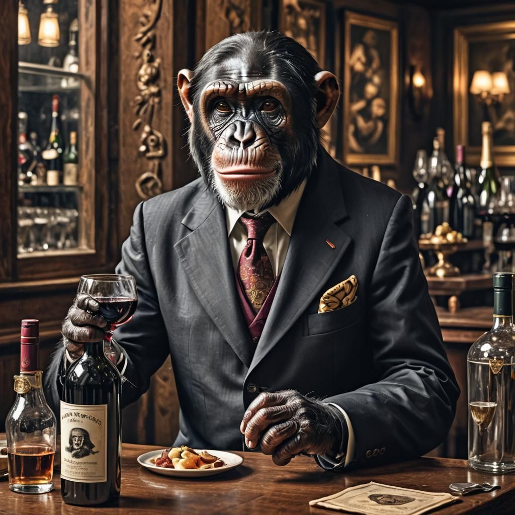 Hyperrealistic Chimpanzee Sommelier in Cinematic Lighting