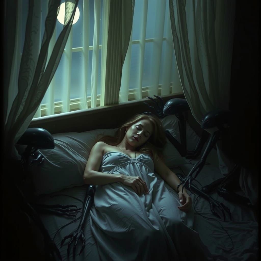 Insectoid Aliens Loom Over Sleeping Woman in Cinematic Bedro...