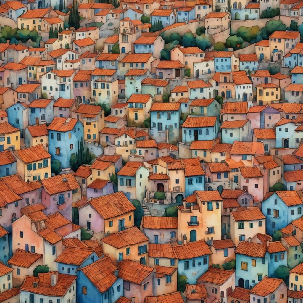 Mediterranean Village at Dusk in Watercolor Style