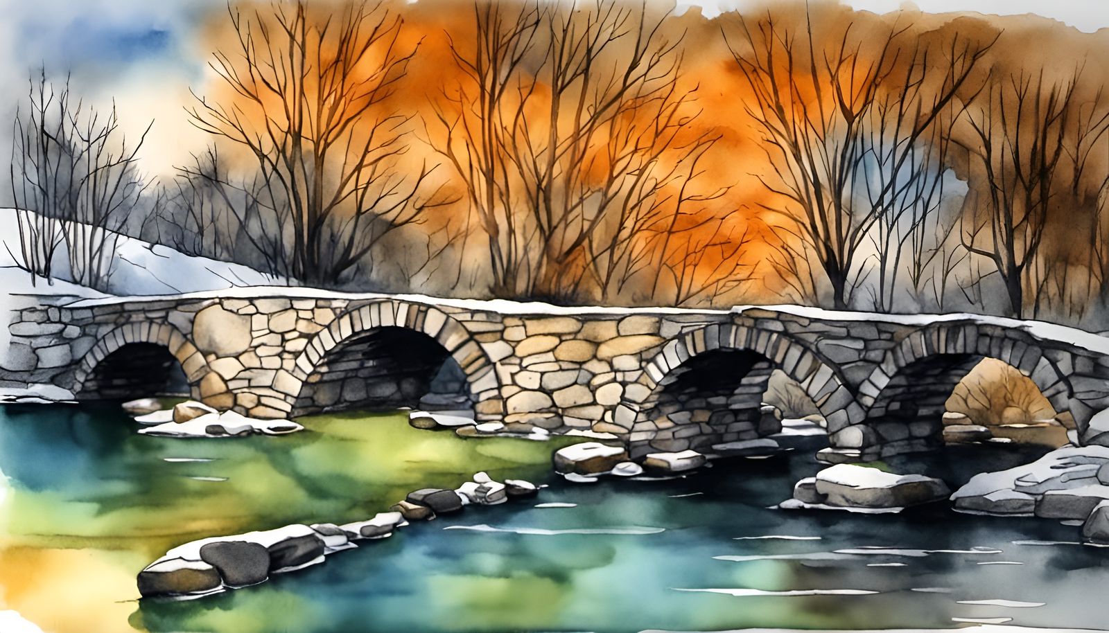 Engraved Stone Bridge over River in Winter