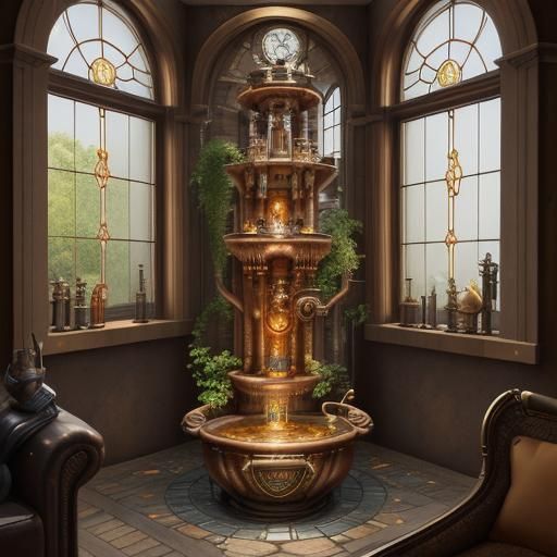 Steampunk Water Fountain with Copper and Gold Fish