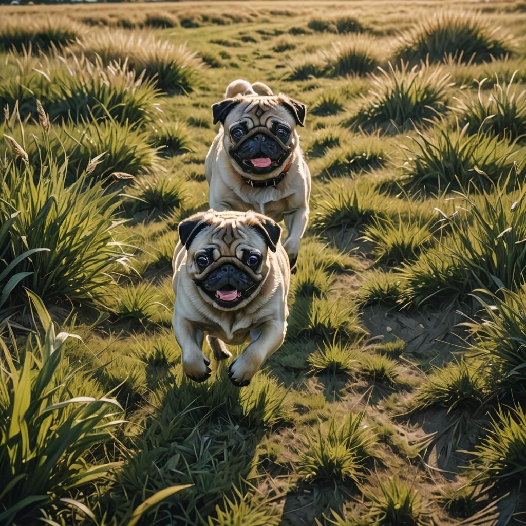 Pug Runs in Grassy Field: Hyper-Realistic Photo