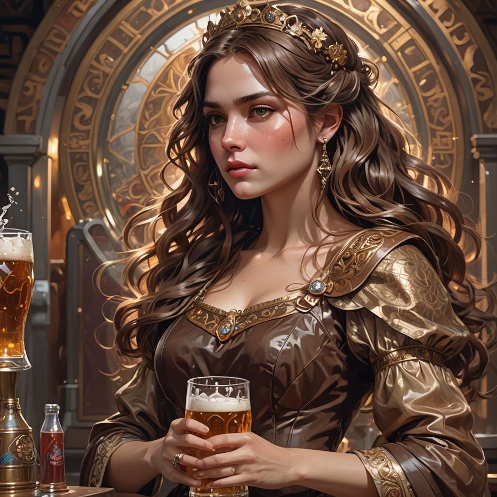 Beer Queen Portrait in Hyperdetailed Art Nouveau Style