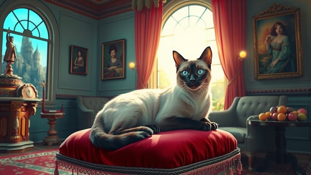 Regal Siamese Cat Surveys Kingdom on Velvet Cushion