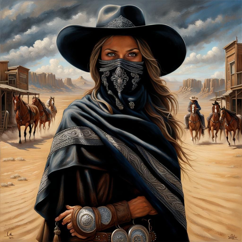 Mysterious Cowgirl in Western Town Scene