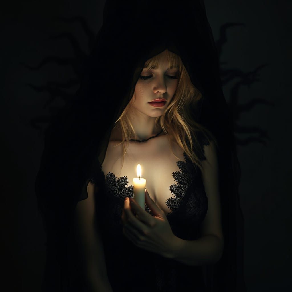 Goth Woman Comforted by Dark Shadow in Flickering Candleligh...