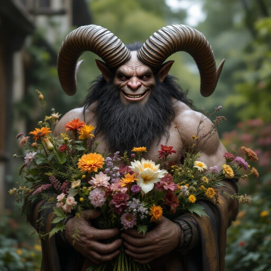 Smiling Horned Creature with Flowers in Civilized Setting