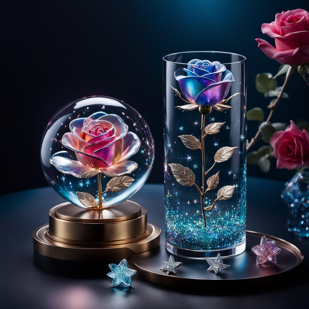 Iridescent Glass Rose with Stars and Fireflies