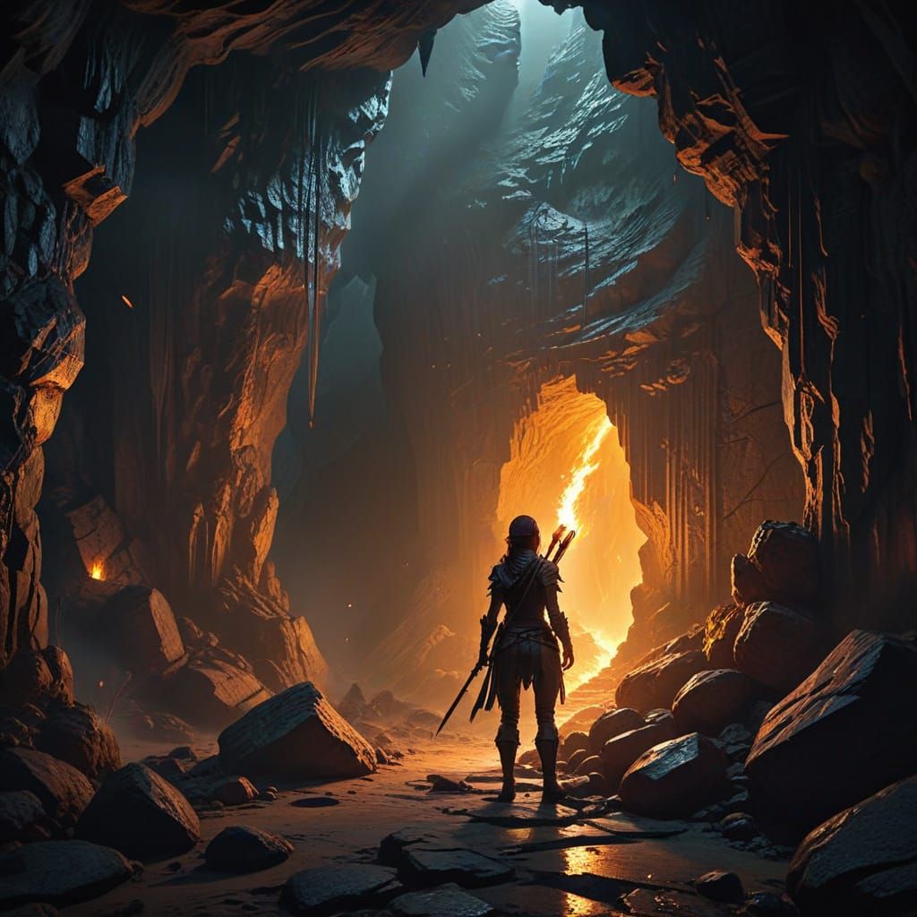 Fantasy Adventurer in Cave Shadows