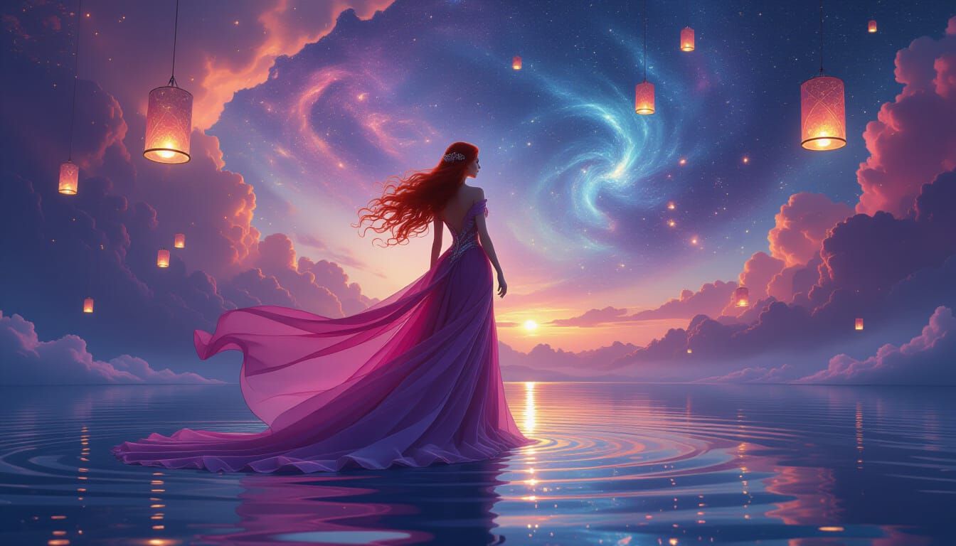 Woman in Pink and Blue Gown Under Cosmic Sky