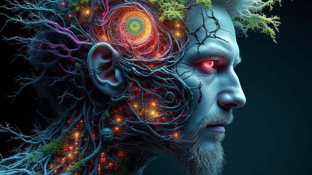 Biomechanical Fractal Man with Rainbow Lightning in Dark Fan...