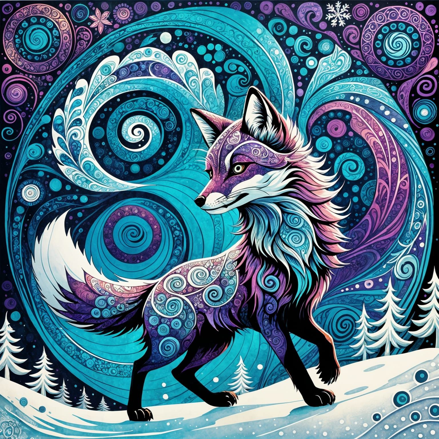 Whimsical Folk Art Snow Fox with Vivid Colors