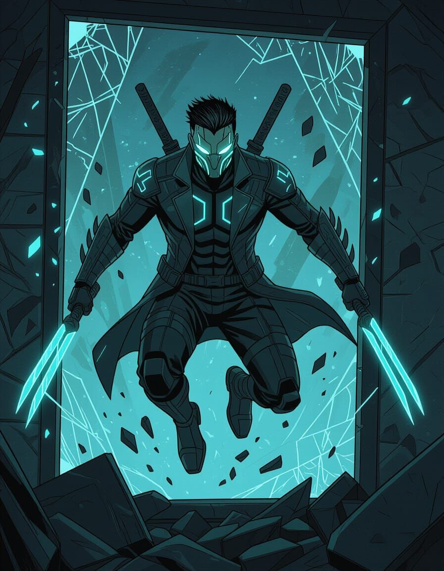 Cyber Wraith Leaping Through Shattered Window in Dark Comic ...