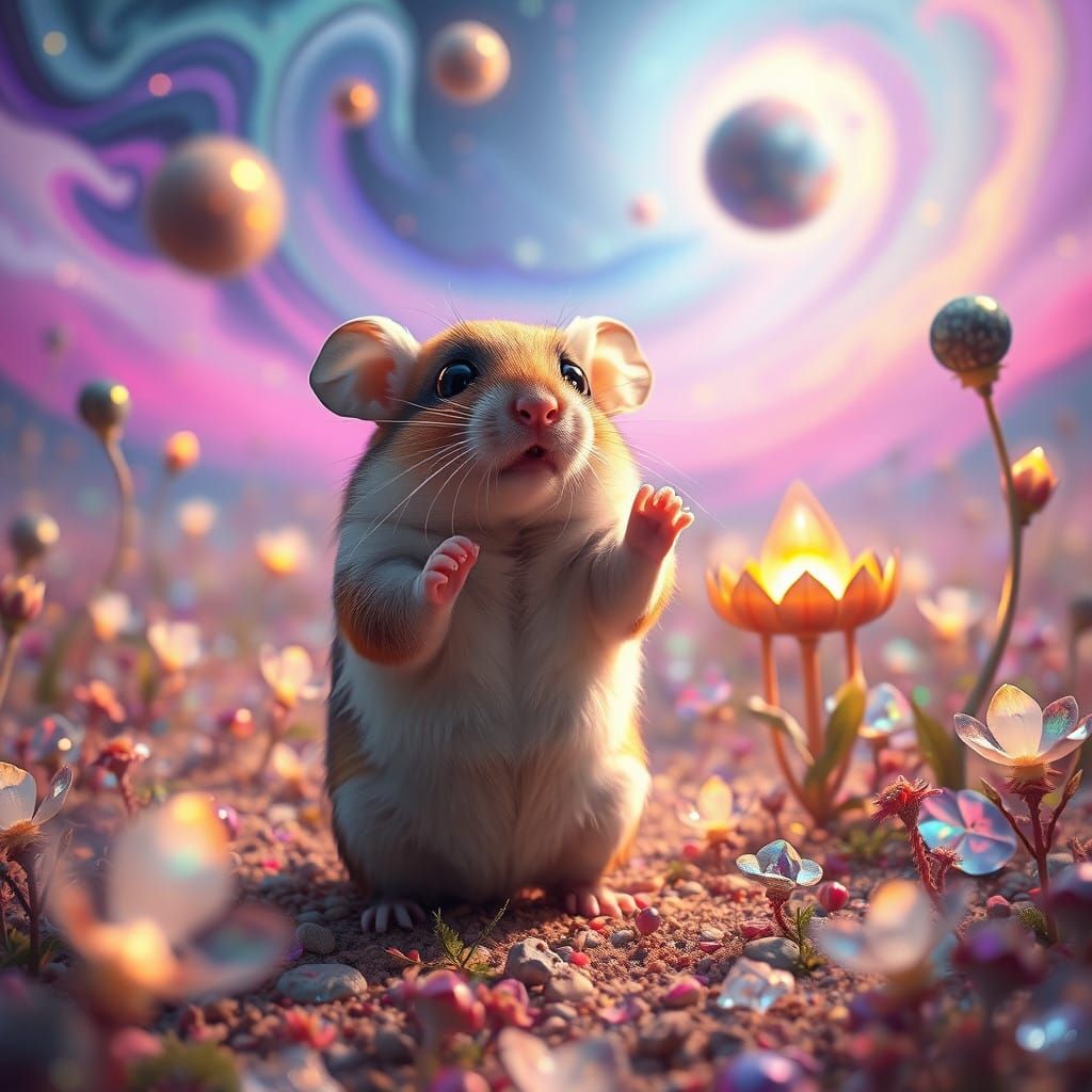 Dwarf Hamster Marvels at Cosmic Wonders in Dreamlike Field