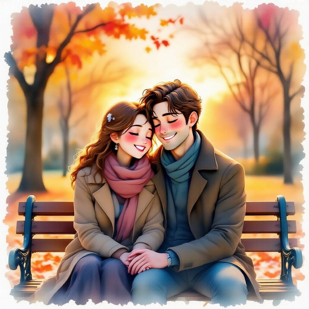 Romantic Pastel Watercolor of Couple on Autumn Bench