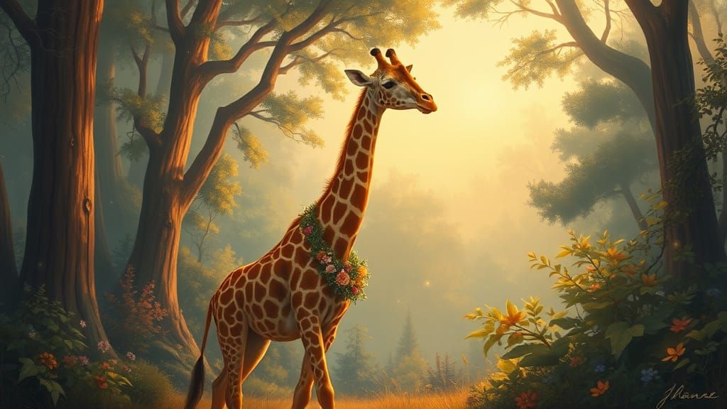 Giraffe in Magical Forest, Romanticism Style