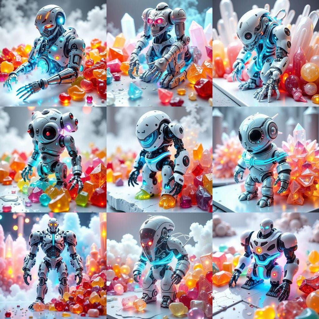 Glowing Cybernetic Transformer Robot Beside Sparkling Crysta...