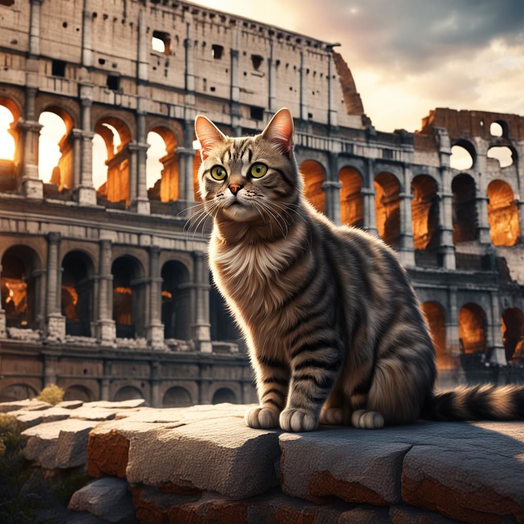 Tabby Cat near Rome Coliseum, Detailed Matte Painting