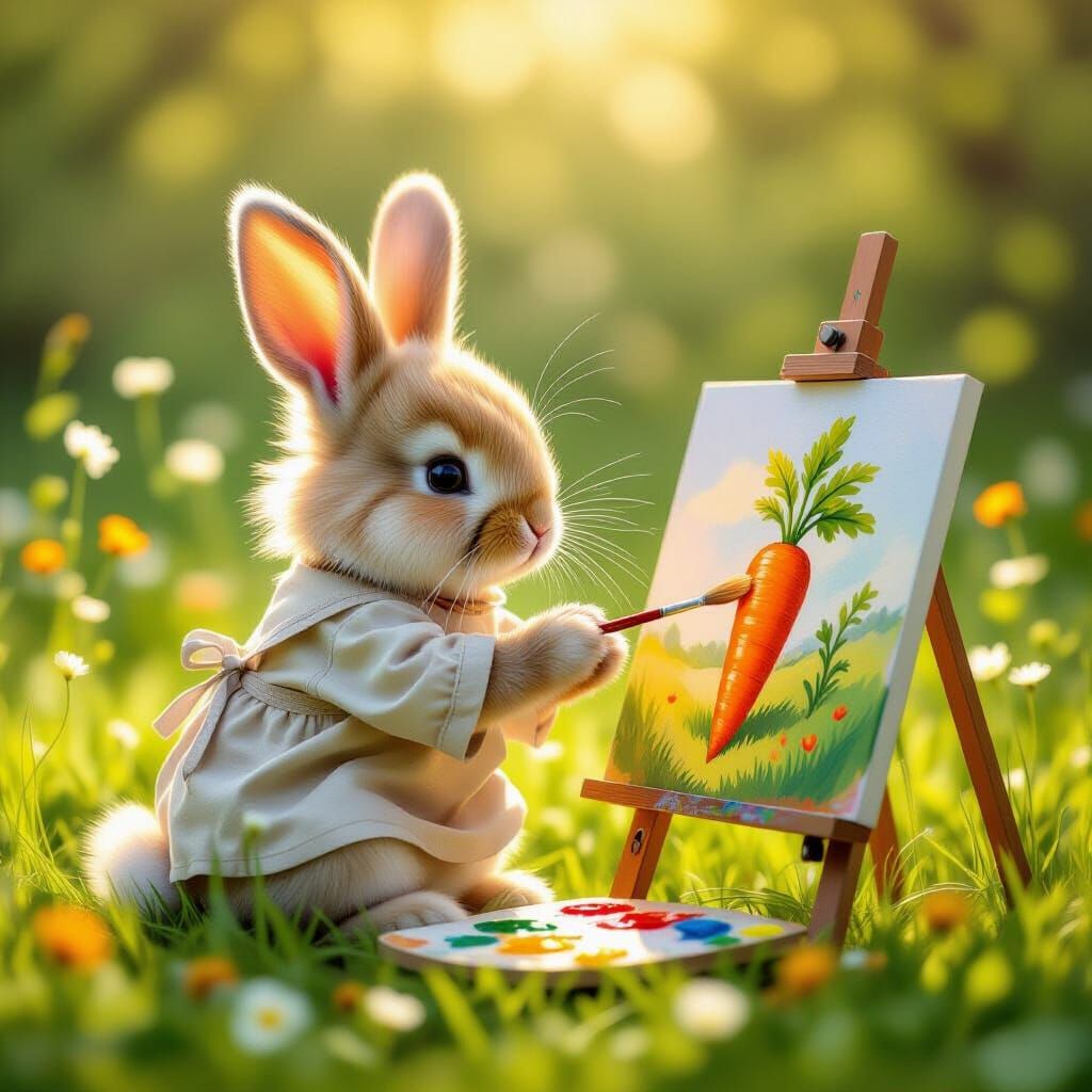A cute fluffy bunny wearing a tiny artist's smock paints a p...