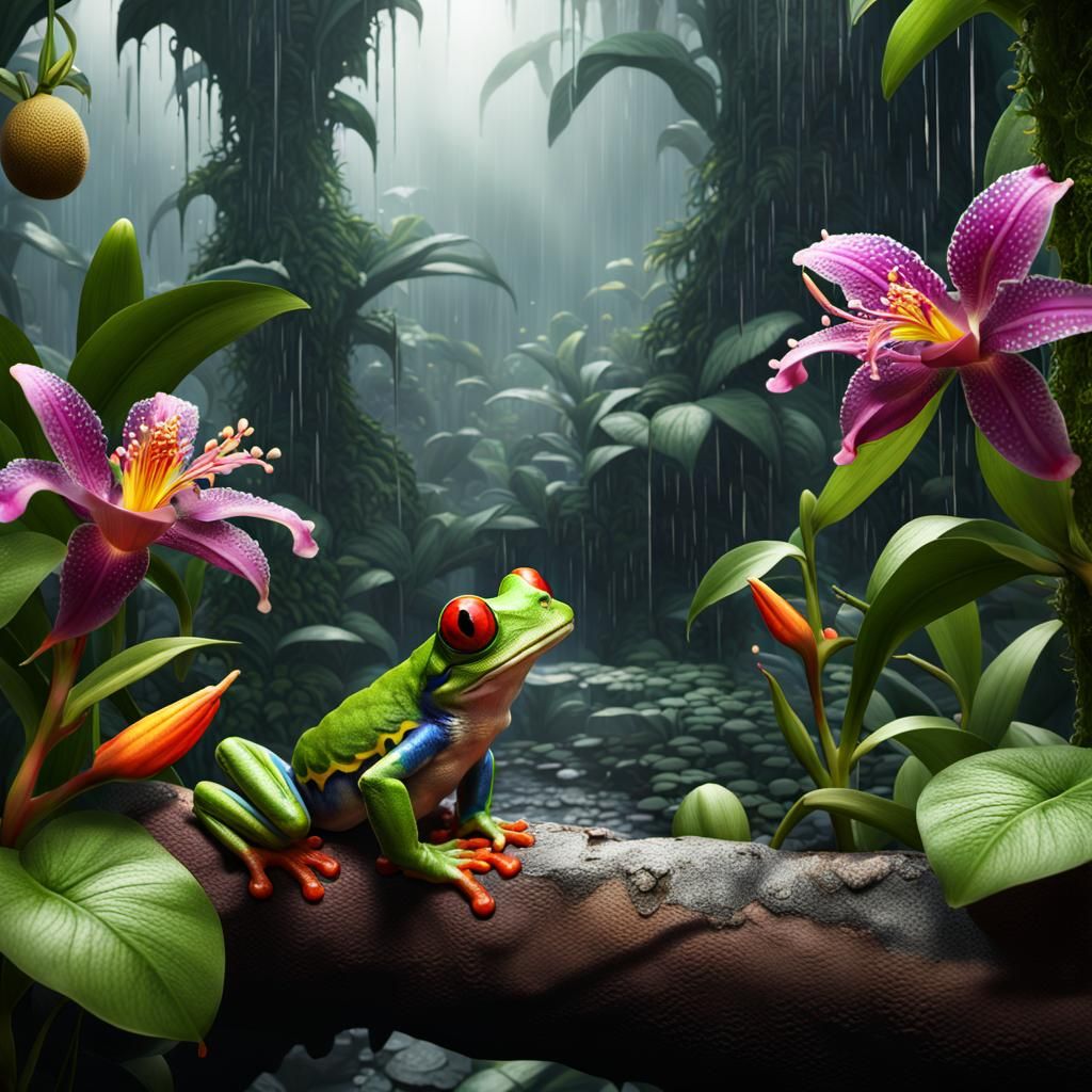 Red-Eyed Tree Frog in a Lush Rainforest