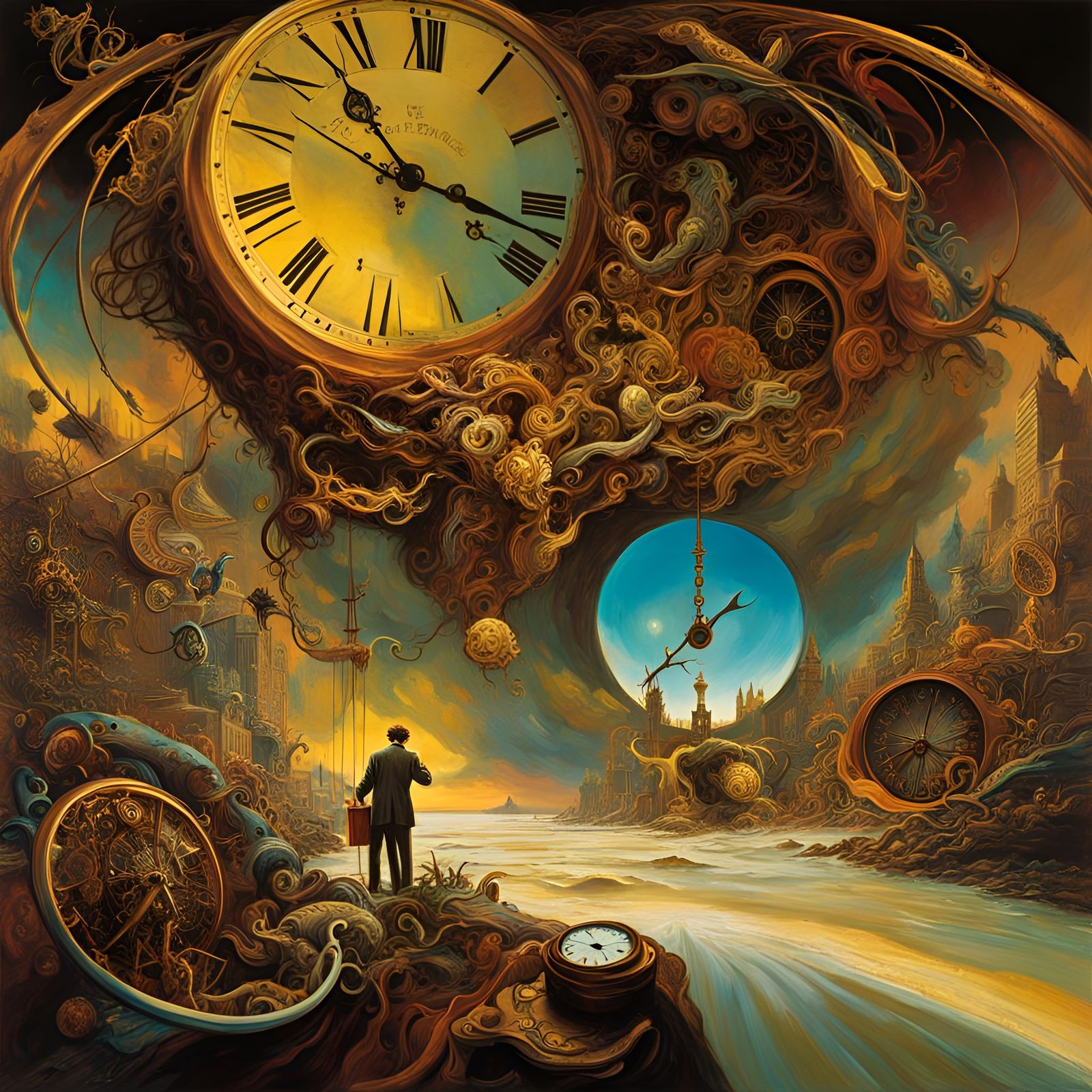 Surreal Melting Clocks Landscape in Dystopian Style