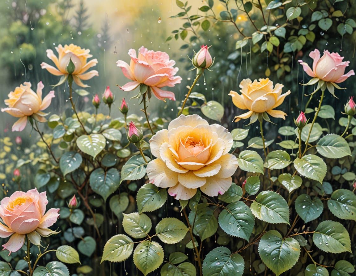 Rose Garden in Summer Rain: Watercolour and Ink