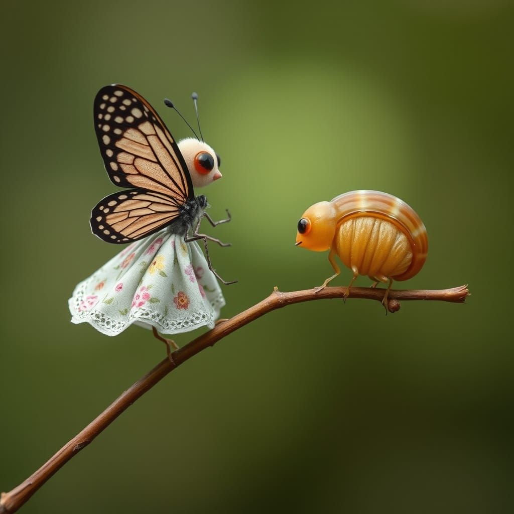 Confused Butterfly Meets Larva in Dreamy Whimsical Scene
