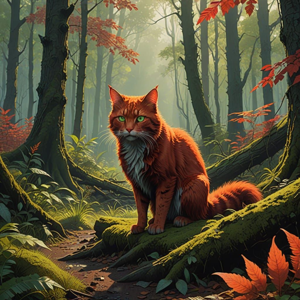 Regal Red She-Cat Reigns Amidst Enchanted Forest