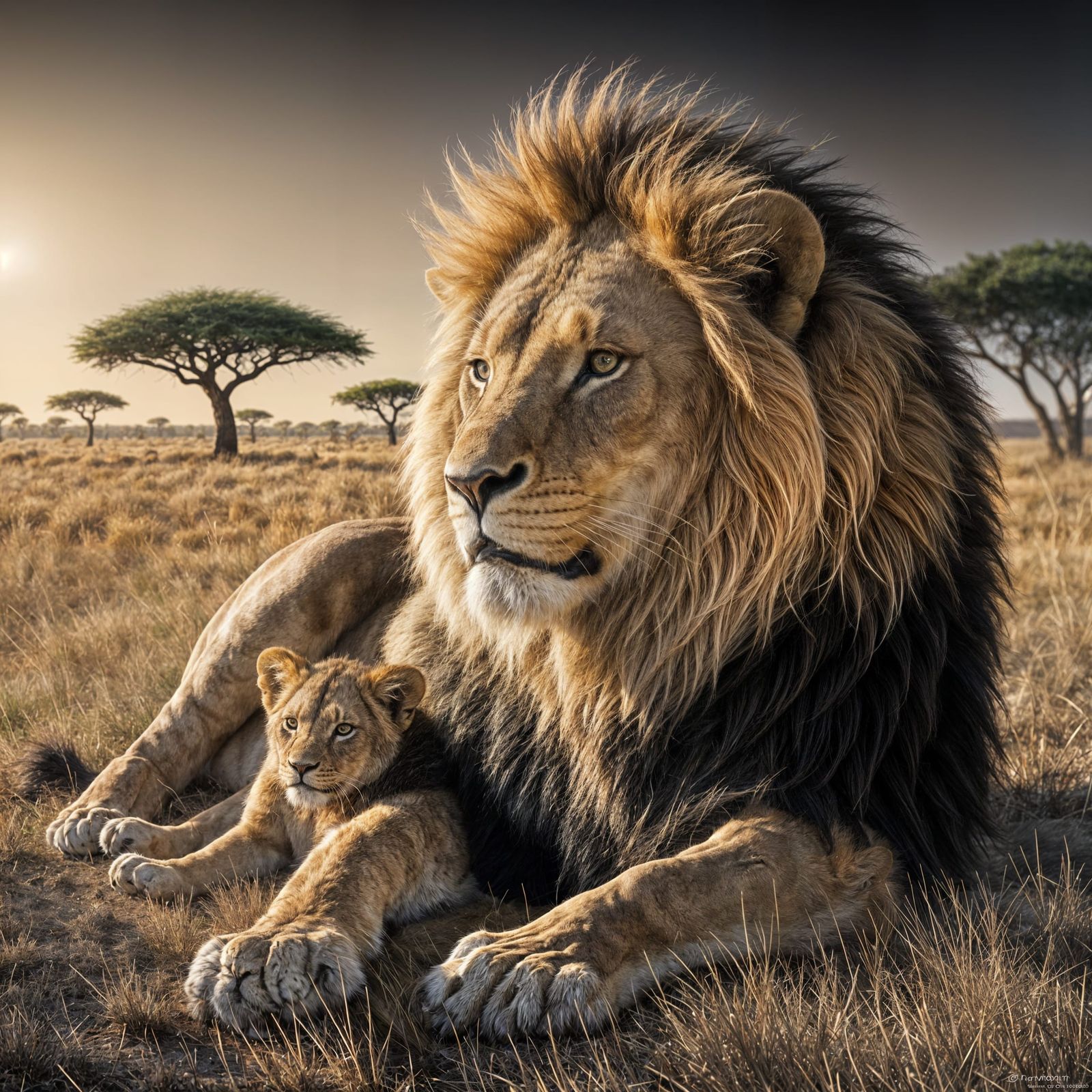 Majestic Lion Father Watches Over Golden African Savannah