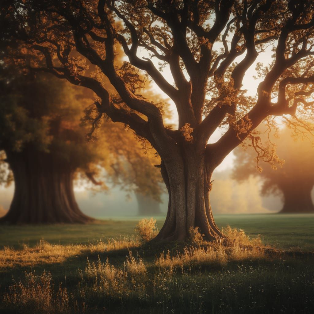 Ancient Oak in Golden Hour Mystical Forest