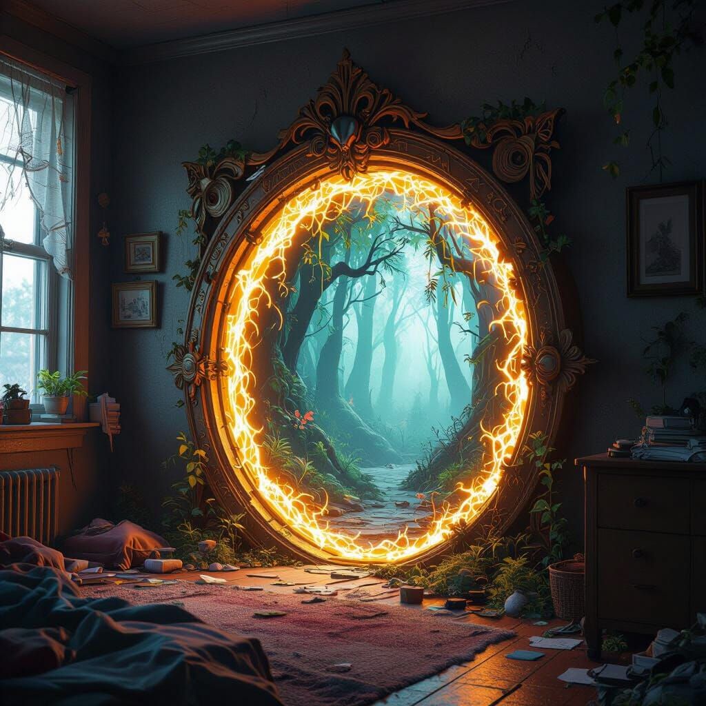 Mythical Forest Portal in Messy Bedroom Matte Painting