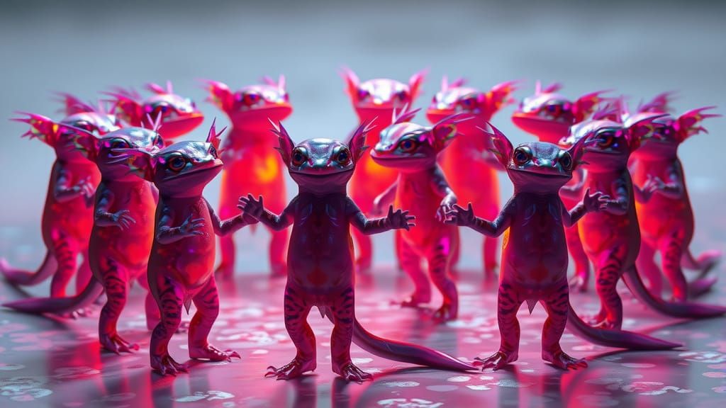 Vibrant Axolotls Dance in Circle, Hyperrealistic Fantasy Sce...