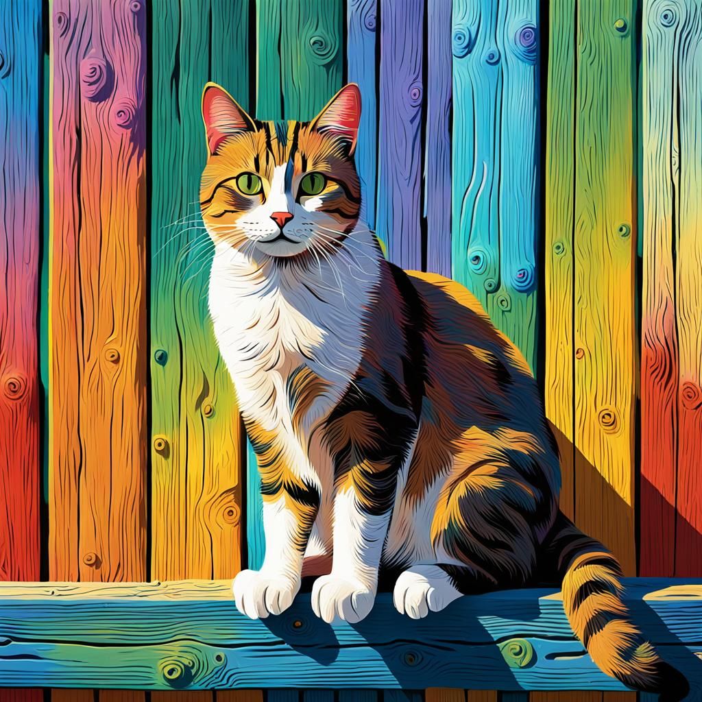 Whimsical Folk Art Cat on Colorful Fence