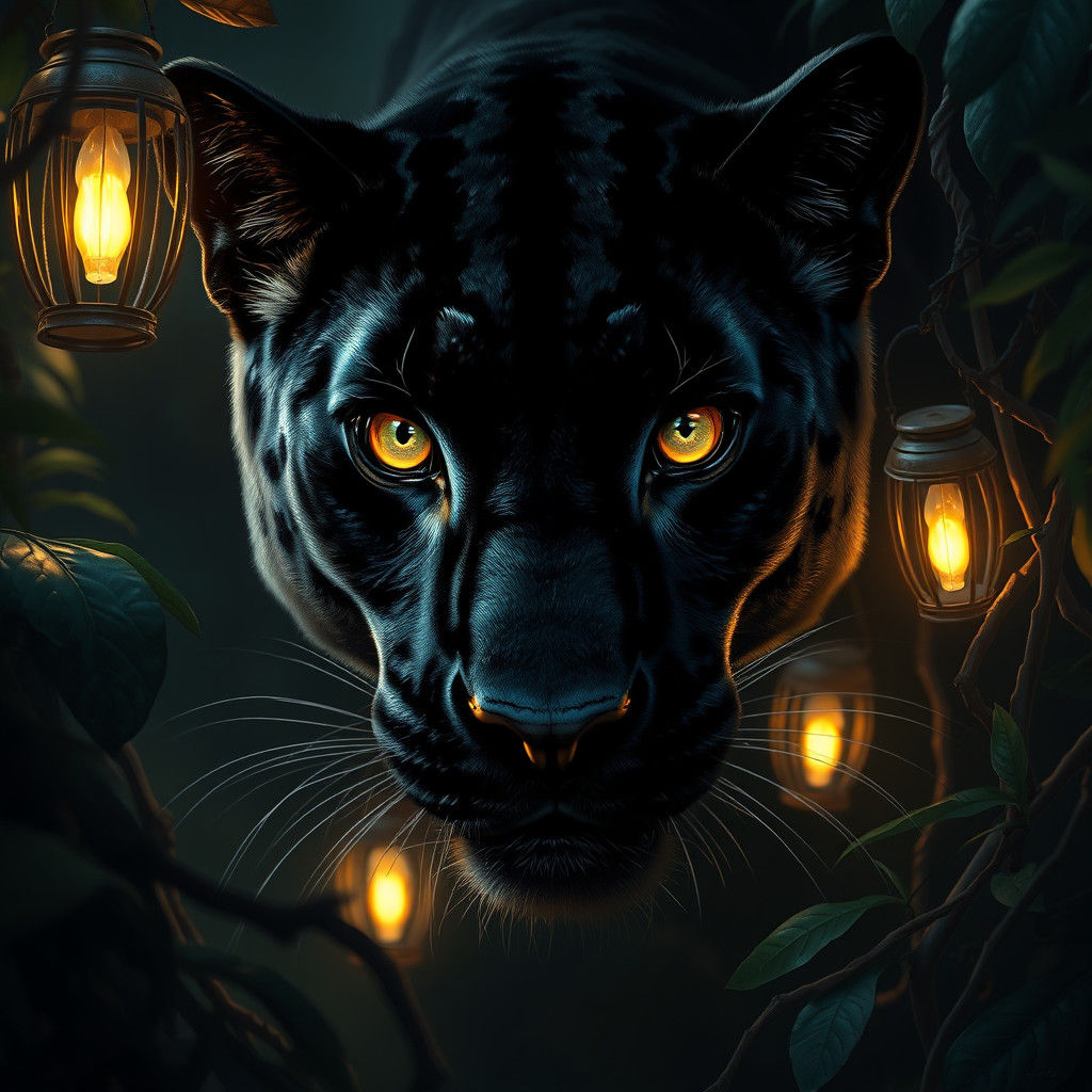 Black Panther's Radiant Eyes in Jungle Night