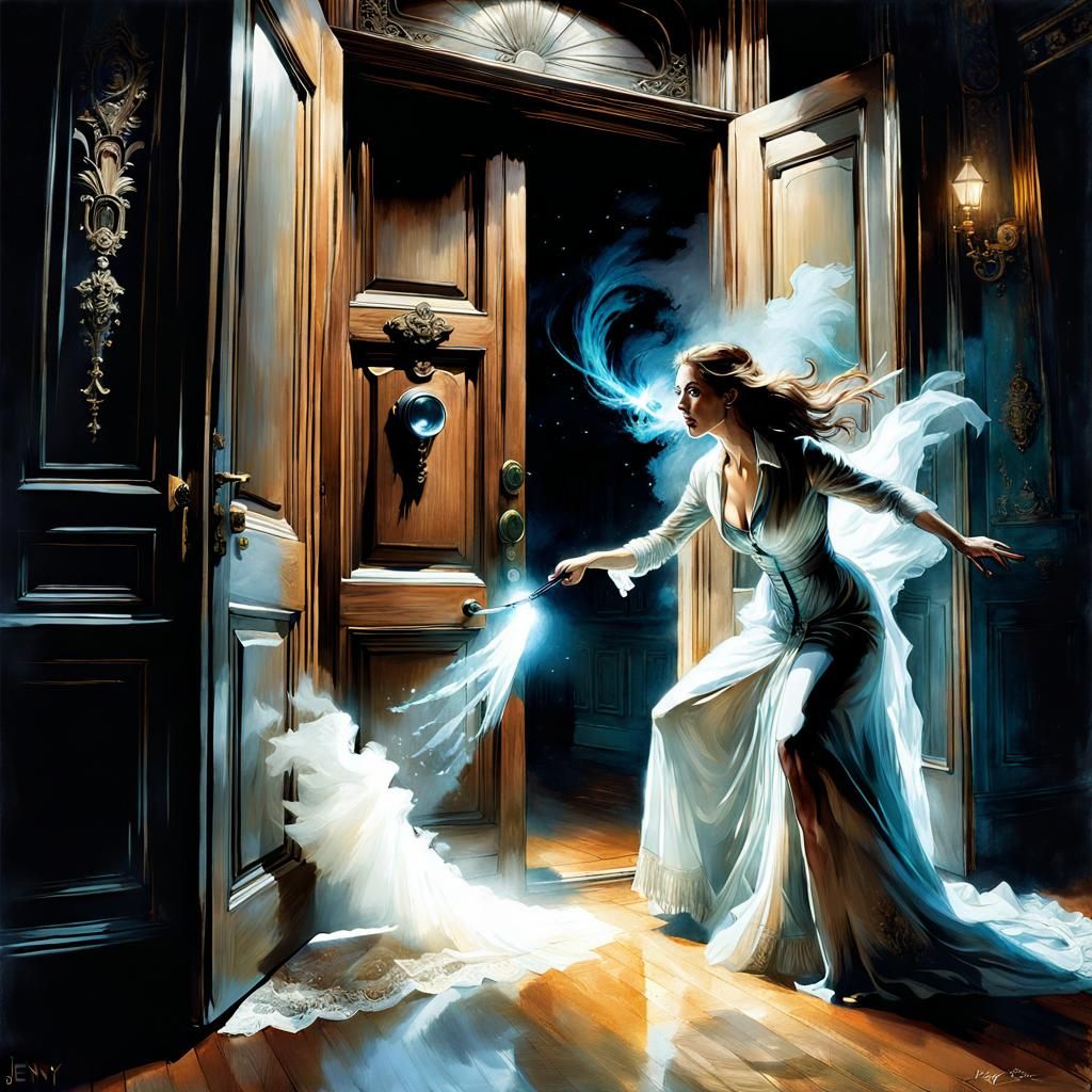 Ghost Hunter and Victorian Ghost, Digital Illustration