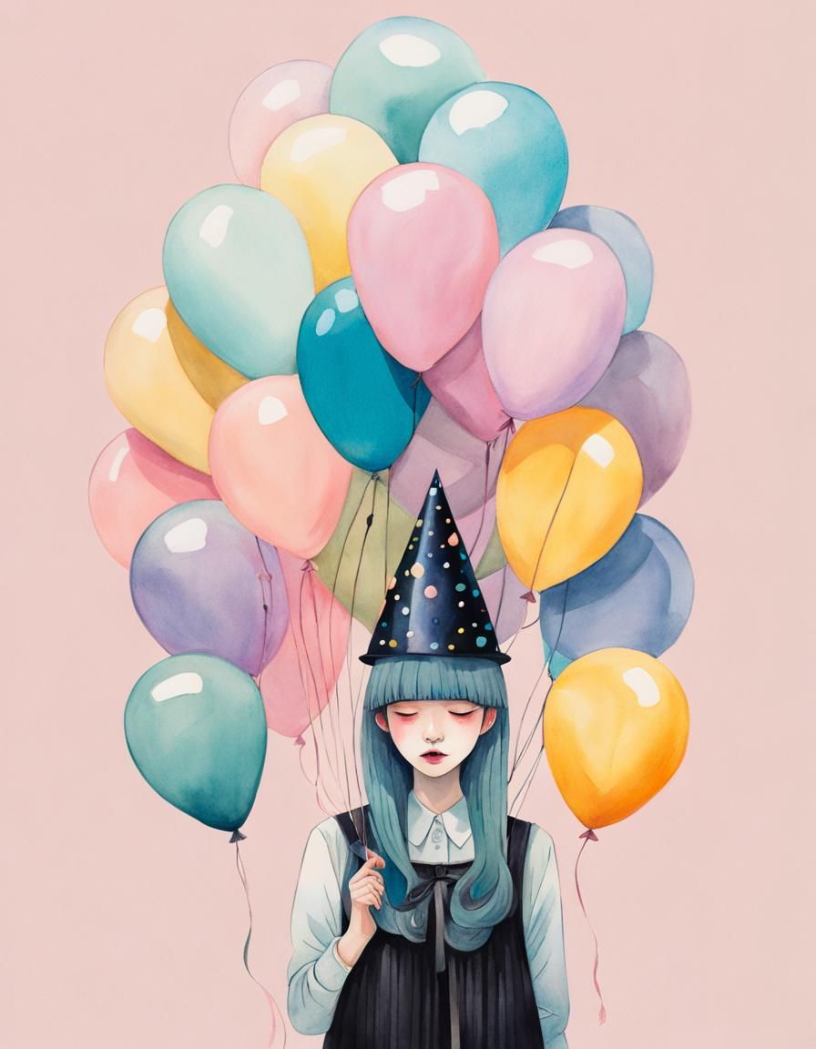 Gothic Girl Hugging Balloon in Pastel Watercolor Style
