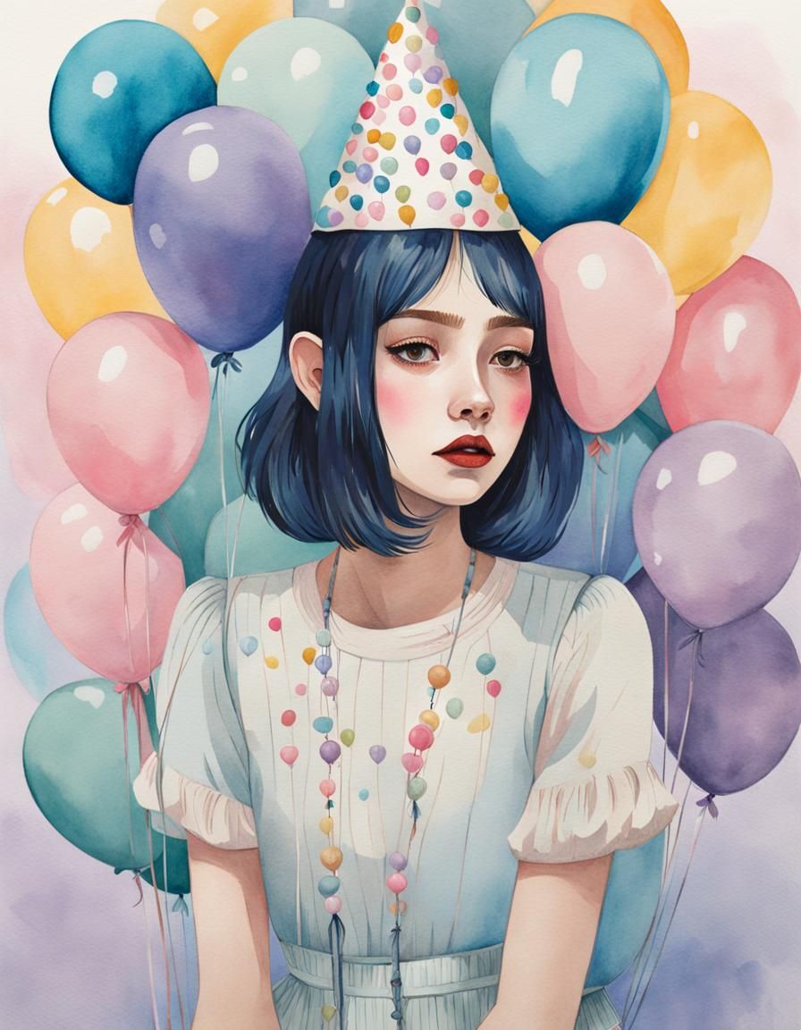 Sad Girl Hugging Balloon in Pastel Illustration