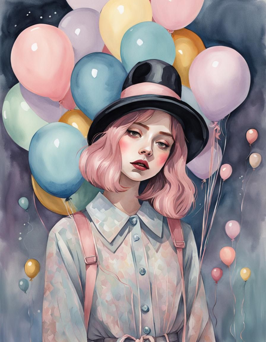 Melancholy Gothic Girl with Balloon, Watercolor Illustration