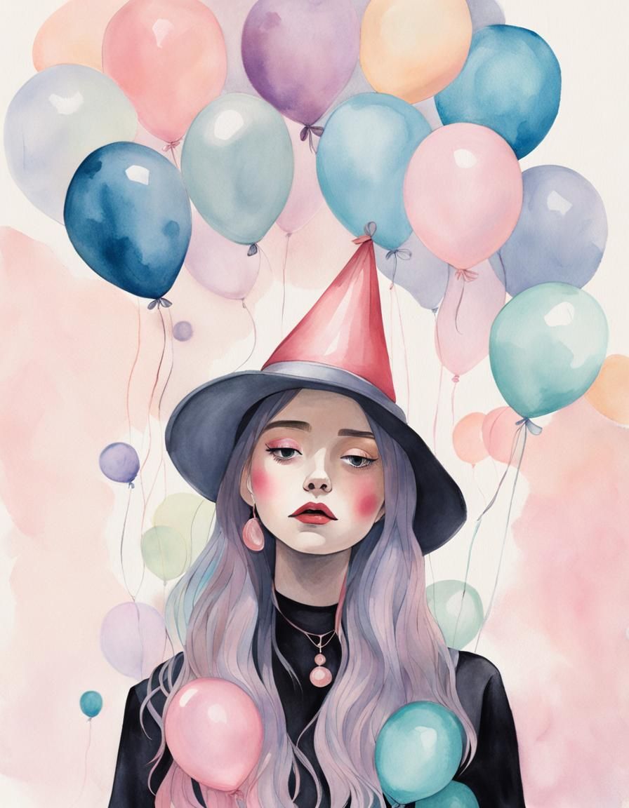 Sad Gothic Girl with Balloon in Watercolor Illustration