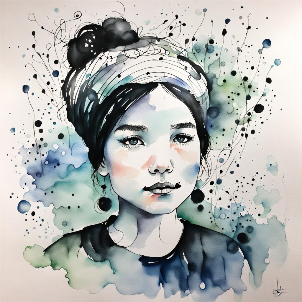 Whimsical Portrait in Watercolor and Ink