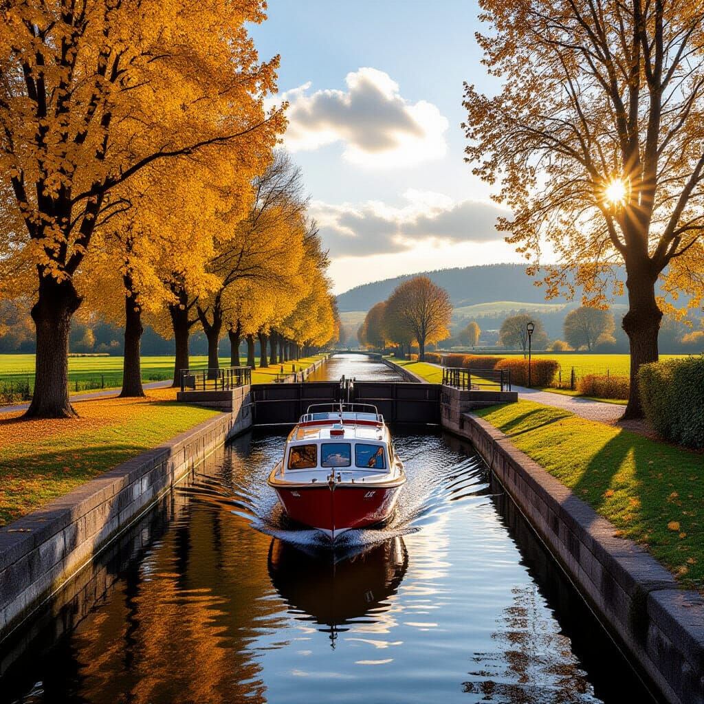 Autumn Canal Scene With Red Boat and Golden Light