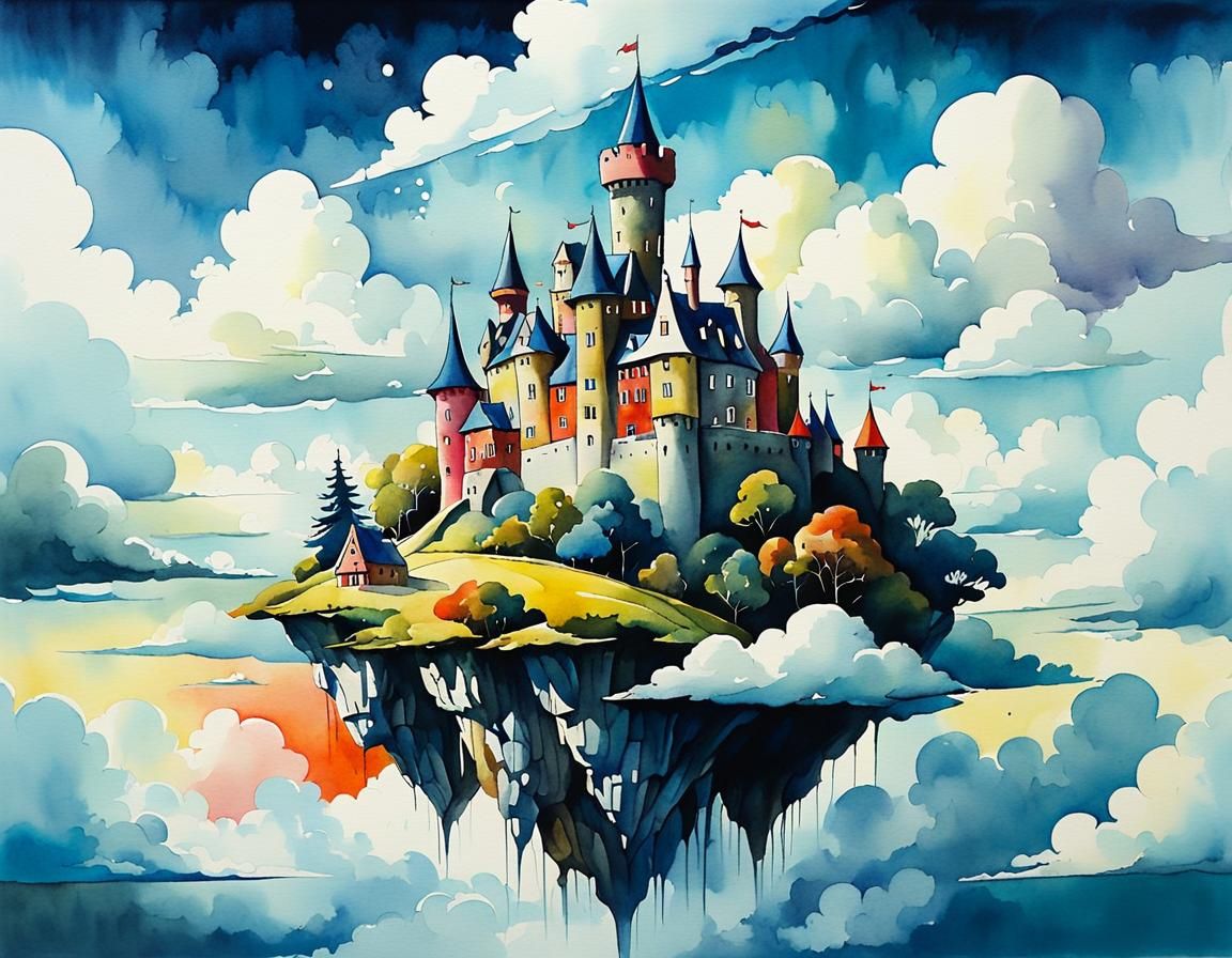Whimsical Watercolor Castle on a Cloud